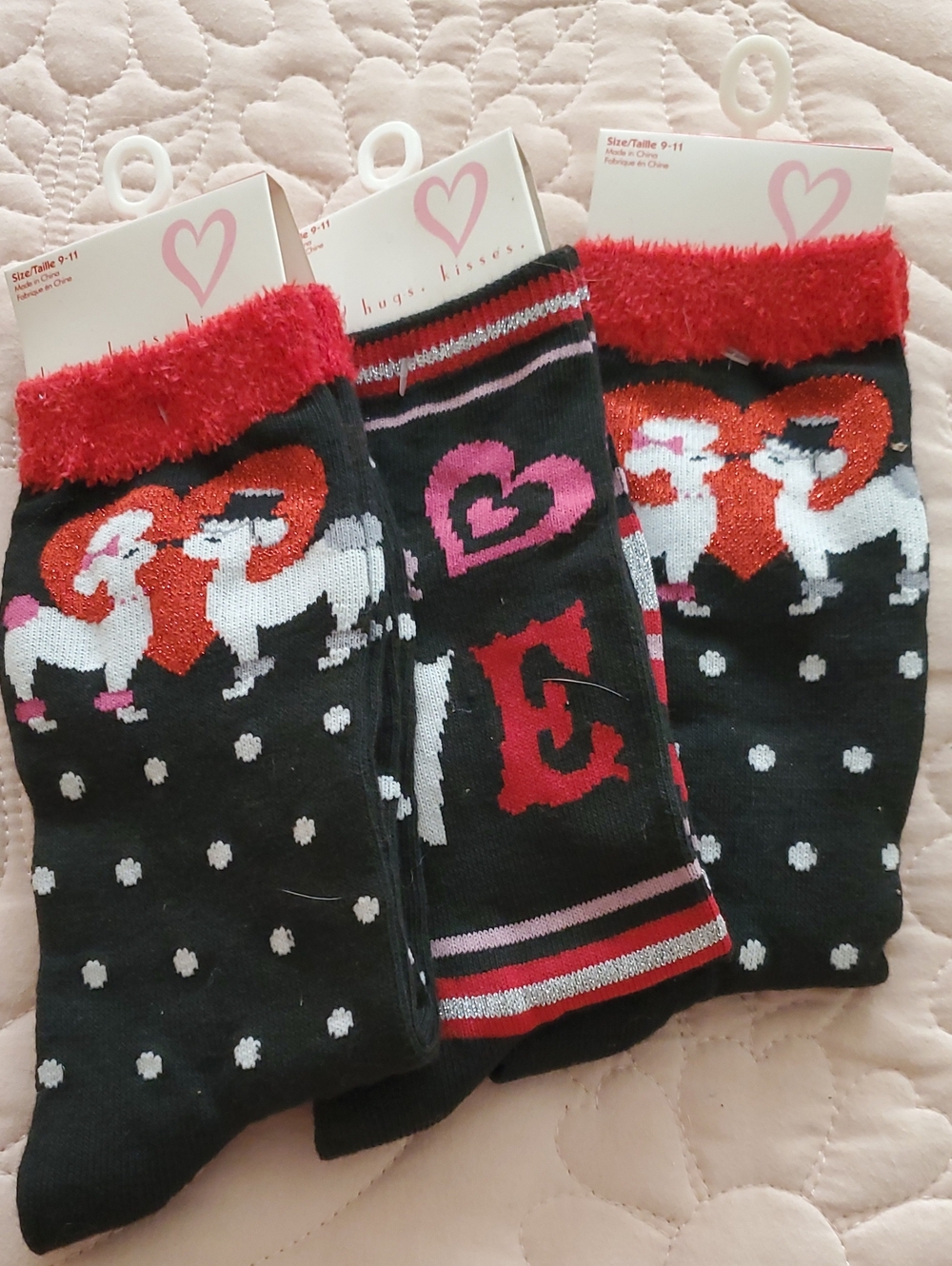 Black, Red and White Fuzzy Cuff Heart Socks - 3 Pack